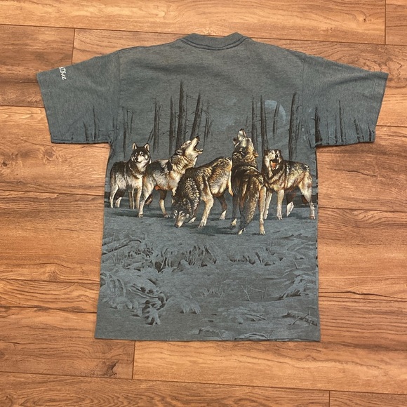 Vintage 90s Habitat Wolf Nature Wrap Around Signal Sport T Shirt Size Medium - Picture 4 of 5